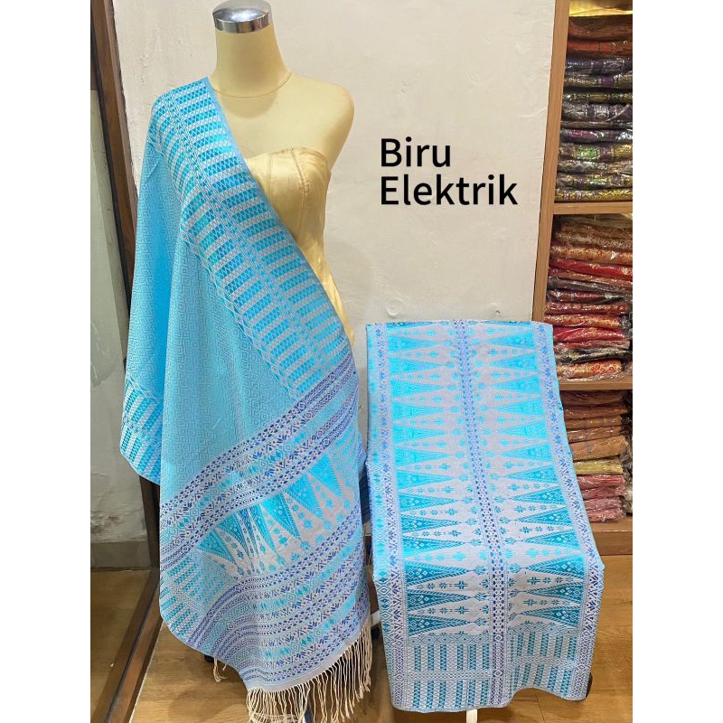 Songket Tumtuman Tanpa Sambungan Asli Tenun Tangan Nuansa Biru Kombinasi Full Kristal TERBARU