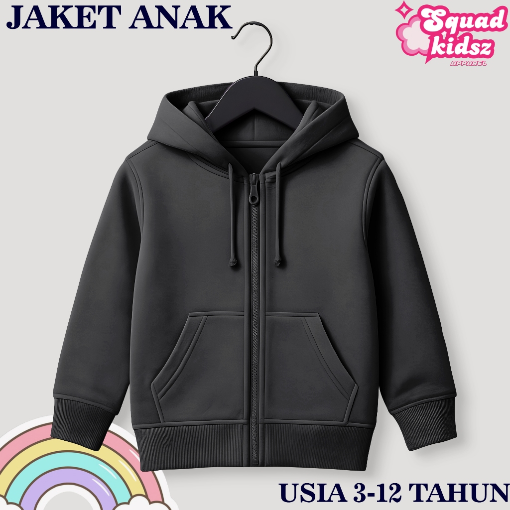 Squad Kidsz Jaket Zipper Anak Cowok Cewek Polos Hitam Usia 3-12 Tahun Tebal