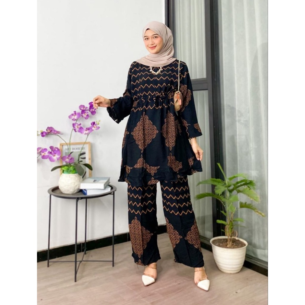 KODE W36Z One Set Wanita Kekinian Jumbo Rayon Premium Busui Motif Sonya  Tunik Wanita Setelan Celana