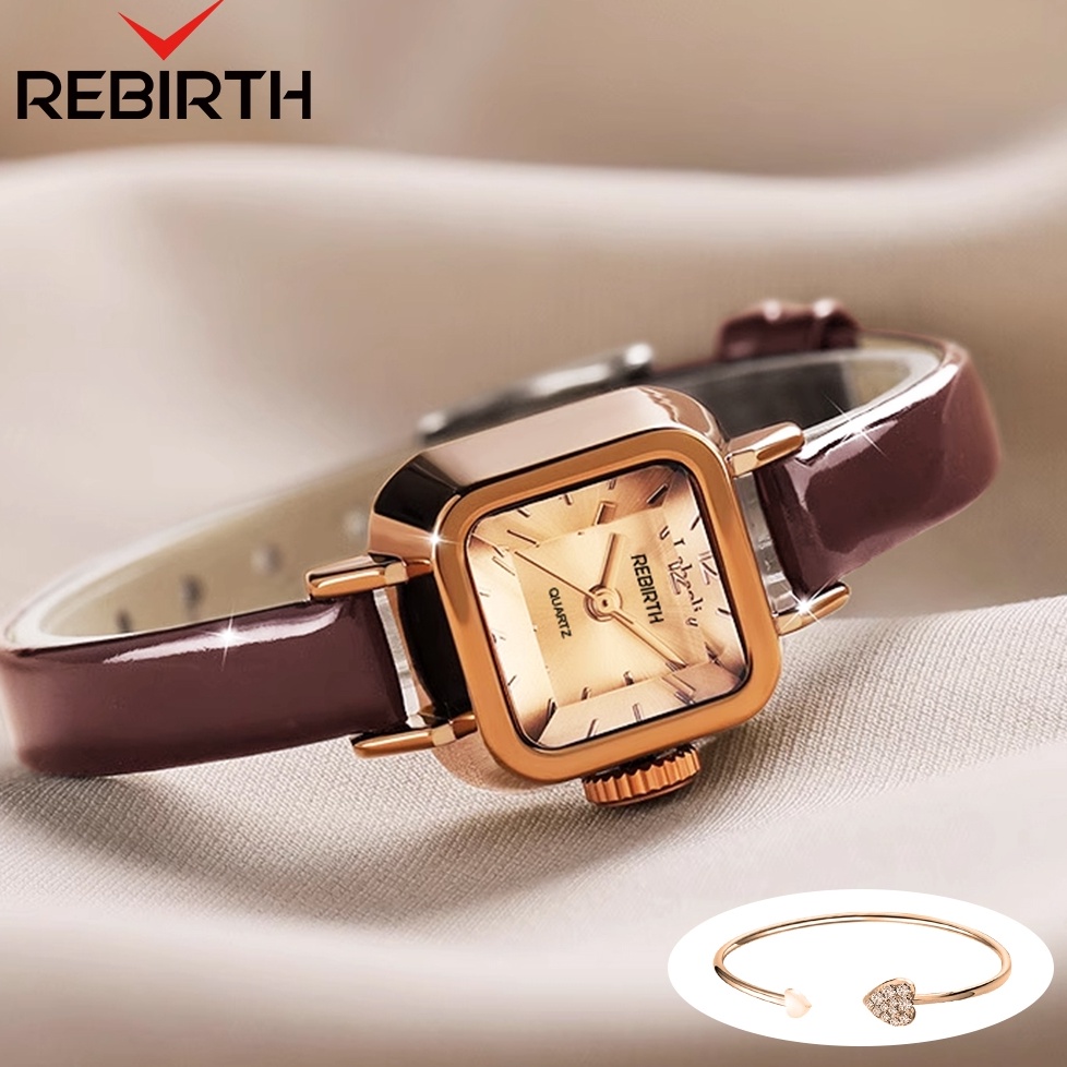 KODE H1J REBIRTH Jam Tangan Wanita Korea Antik Persegi Mini Kuarsa Tali Kulit Jam Tangan Cewek Anti 