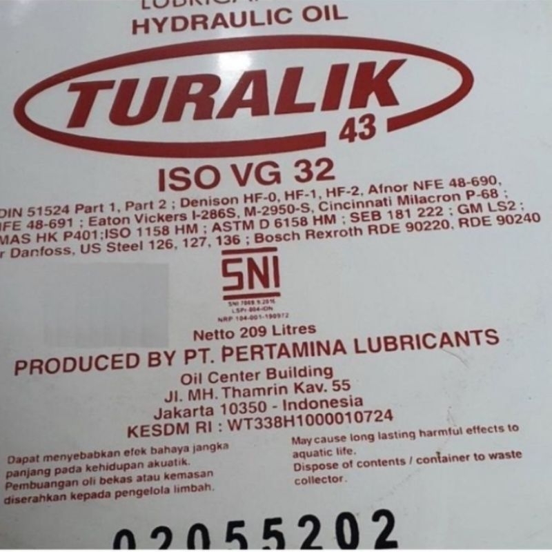 Oli Pertamina Turalik 43 Iso VG 32 Hidrolik 209L