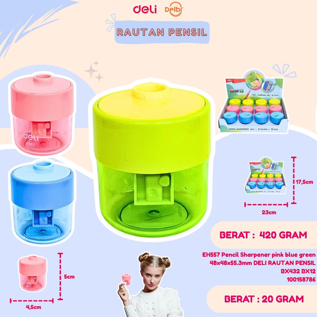 

EH557 Pencil Sharpener pink blue green 48x48x55.3mm DELI RAUTAN PENSIL