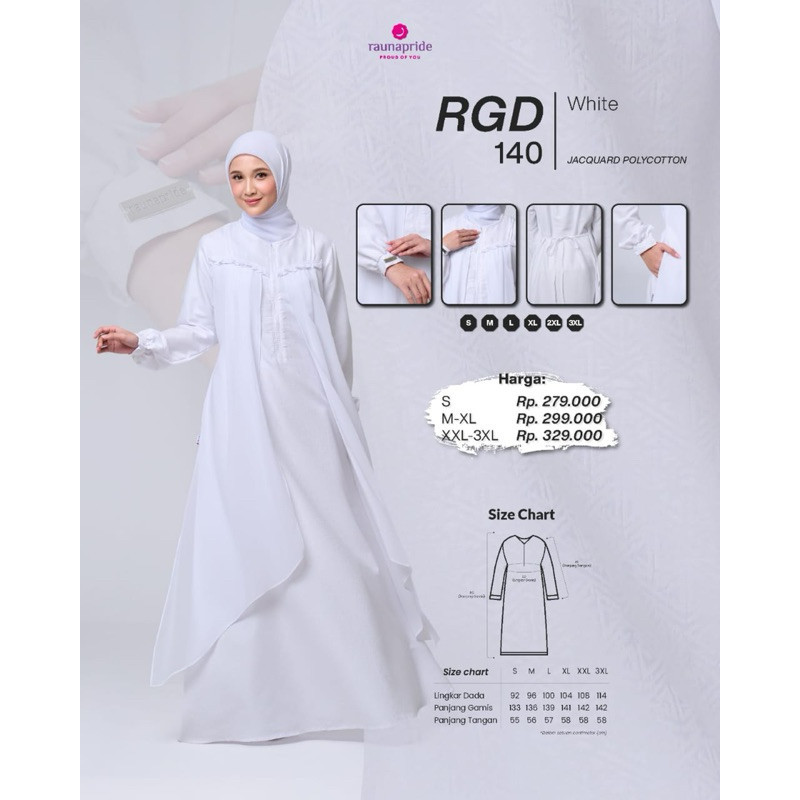 RAUNA BAJU GAMIS MUSLIM WANITA KODE RGD 140 READY WARNA PUTIH BAHAN JACQUARD POLYCOTTON