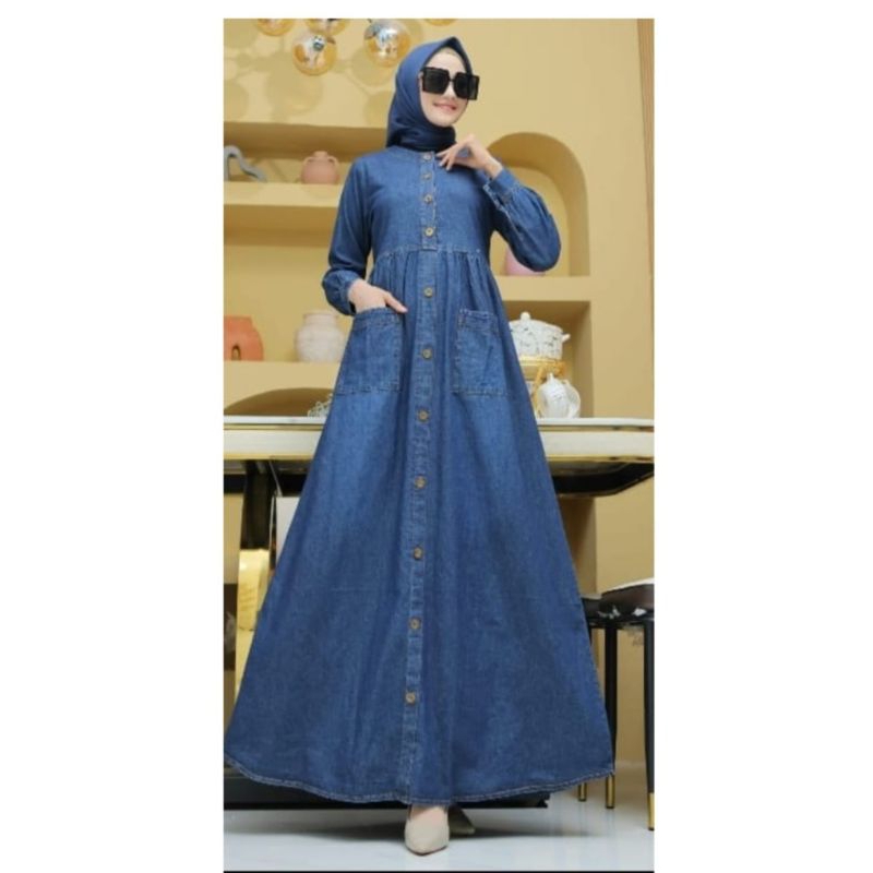 Gamis levis kantong ,Dress denim wanita