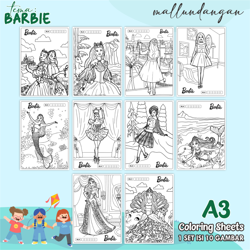 

LEMBARAN MEWARNAI ANAK A3 - TEMA BARBIE - PAPER COLORING SHEETS FOR KIDS