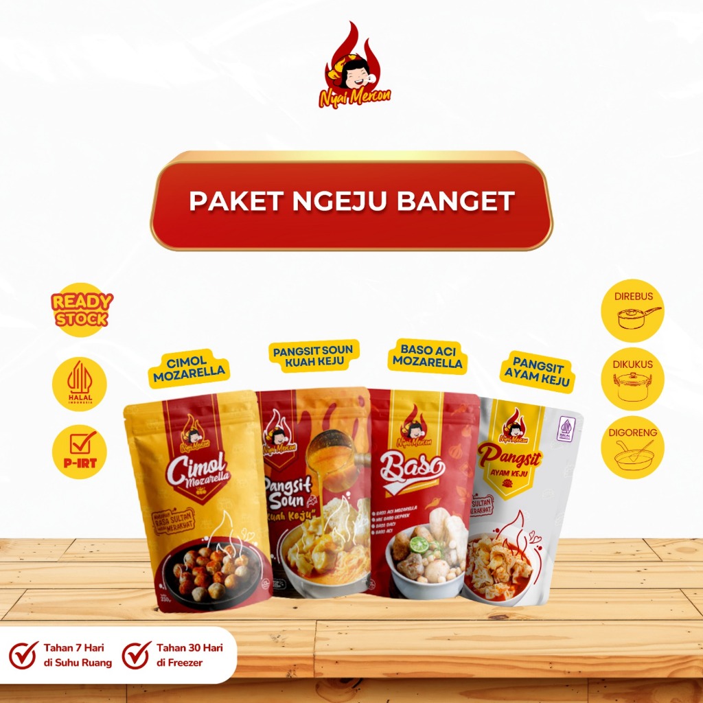 

Nyai Mercon – Paket Ngeju Banget (Cimol Mozarella, Pangsit Soun Kuah Keju, Baso Aci Mozarella, Pangsit Keju) Makanan Instan
