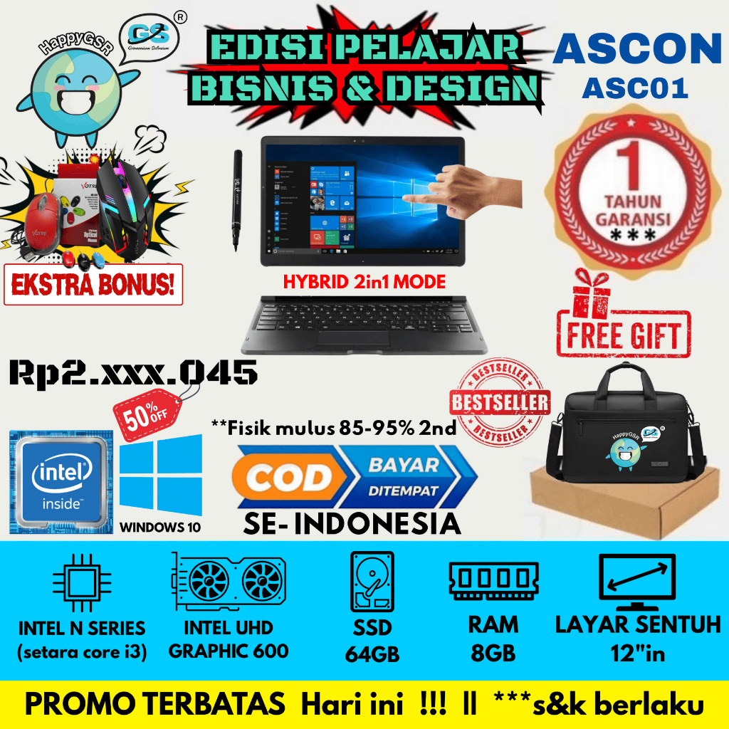 Laptop ASCON AT08 2in1 Touchscreen 10” – RAM 8GB SSD 64GB | Bisa Jadi Tablet | Free Stylus Pen | Win