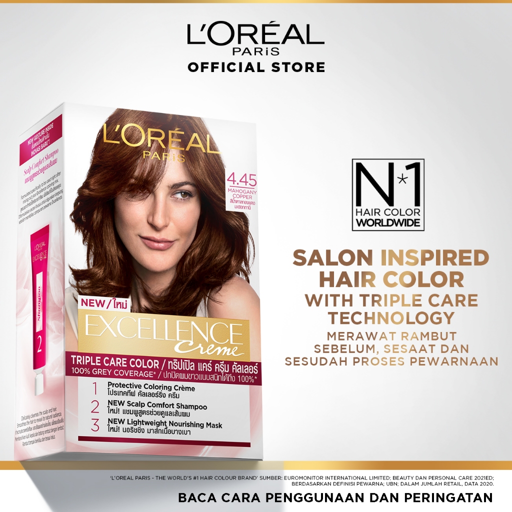L'Oreal Paris Excellence Creme Triple Care Hair Color #4.45 Mahogany Copper Brown (Cat / Pewarna Ram
