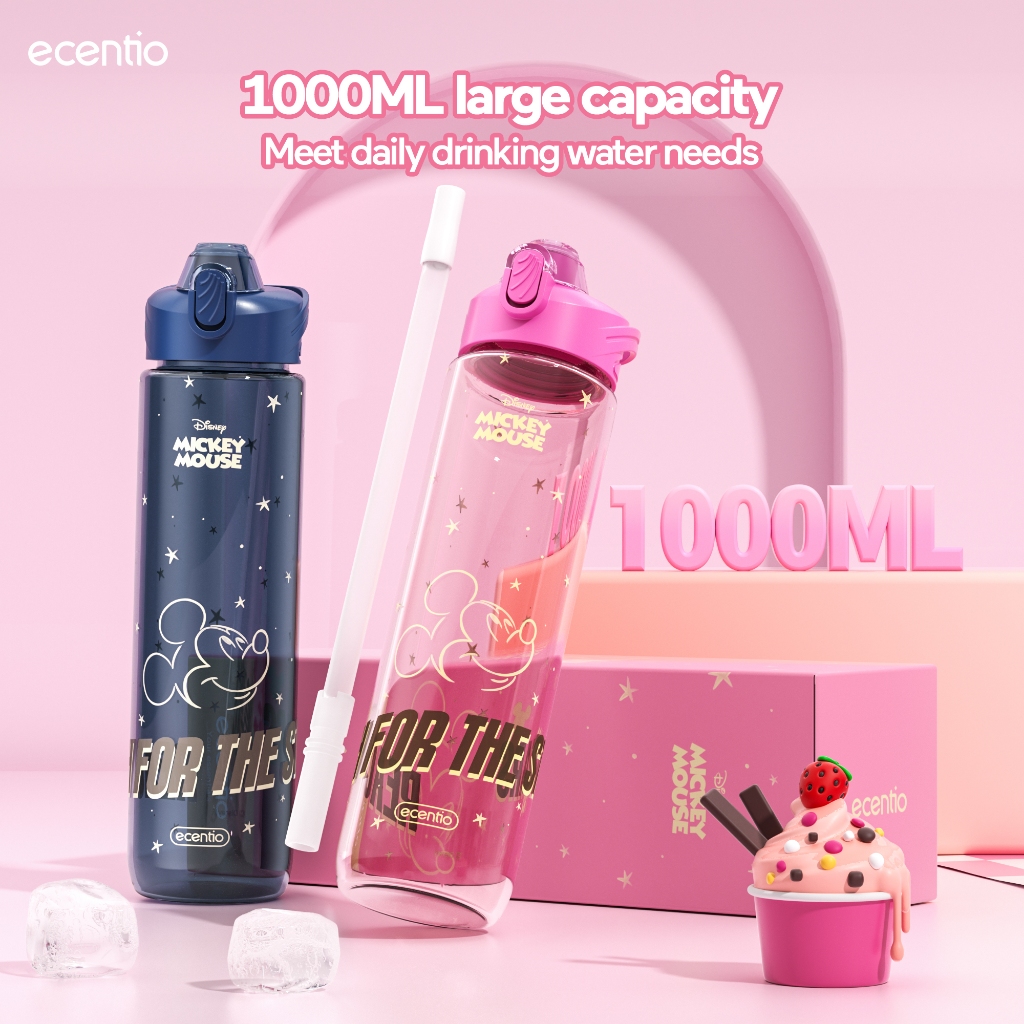 Disneyecentio x Mickey Biru/Pink Botol Minum Aesthetic Lucu 1 Liter Food Grade Plastik Sedotan Botol
