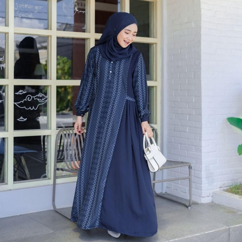 Mahira Dress Gamis Motif Warna Navy Putih Maroon Size M L XL XXL Gamis Lebaran Gamis Terbaru Gamis D