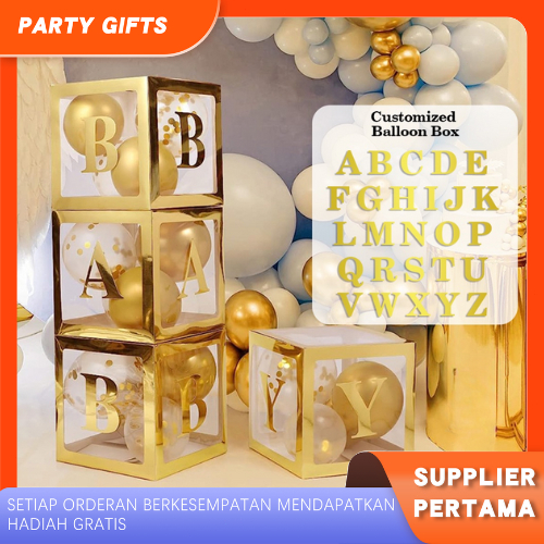 Kotak Balon Warna Emas Transparan Ukuran 25*25cm Dengan Huruf Angka Gold Balon Box untuk Dekorasi Pe