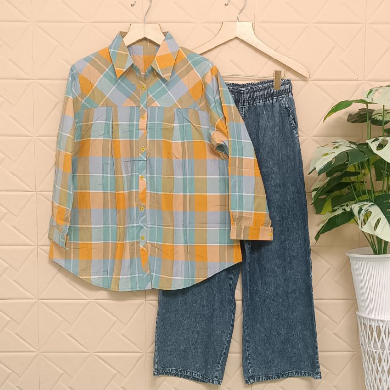 Setelan Wanita Atasan Jumbo Katun Motif Kotak Dan Celana Kulot Jeans Jumbo Set Wanita Ukuran Jumbo T