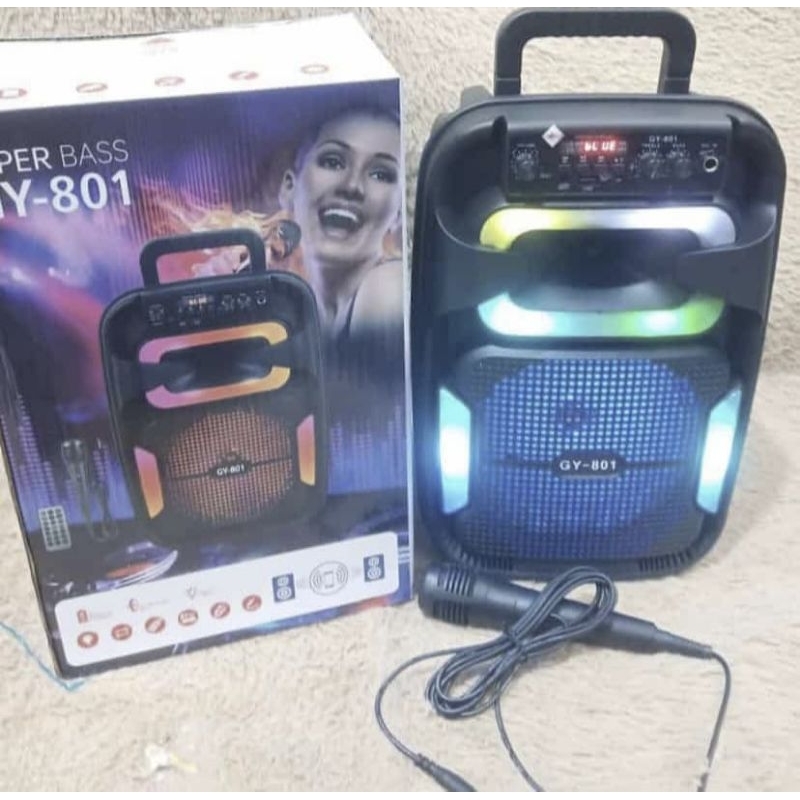 super bass gy 801speaker portabel bluetooth Bonus mic kabel tersambung Ukuran 8 inchi22 x 18 x 38 cm