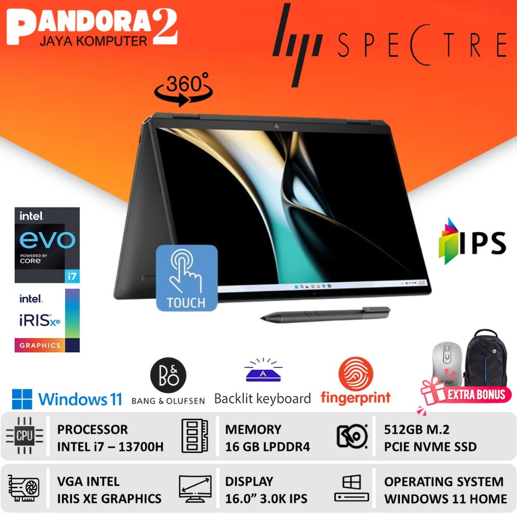 HP SPECTRE X360 16 INTEL EVO i7-13700H 16GB 2TB SSD 3K IPS TOUCH WIN11 BLACK