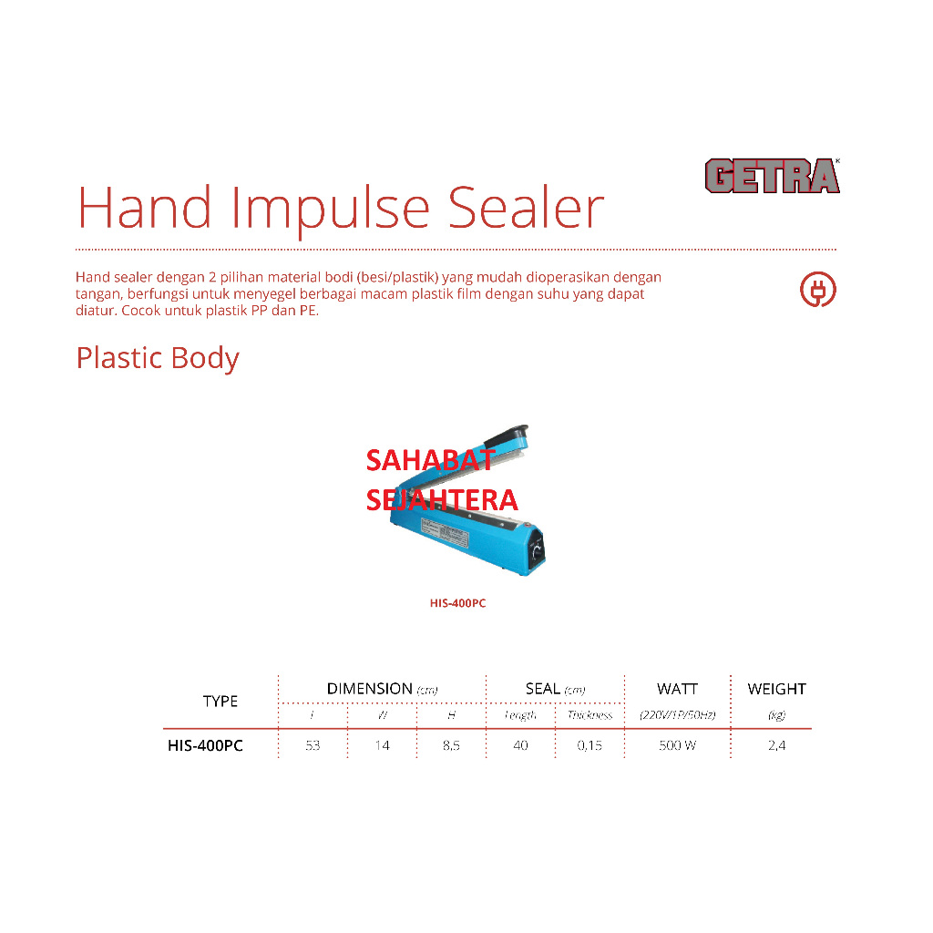 GETRA Hand Impulse Sealer HIS 400PC – Alat Pres Plastik Otomatis untuk Kemasan Makanan