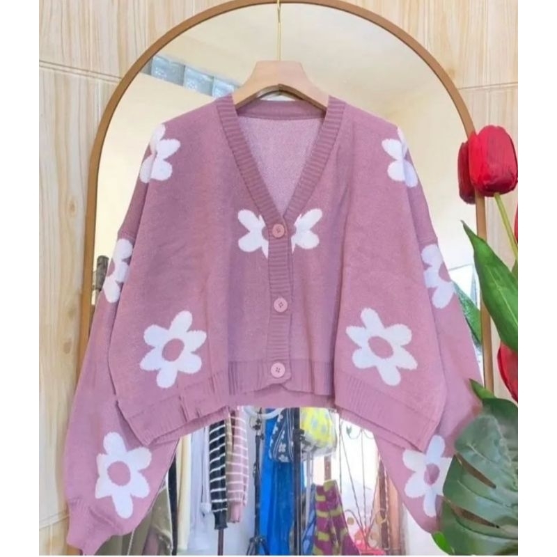 RAJUT WANITA/RAJUT CROP LENGAN PANJANG/RAJUT CARDIGAN MOTIF BUNGA/RAJUT PREMIUM/CARDIGAN
