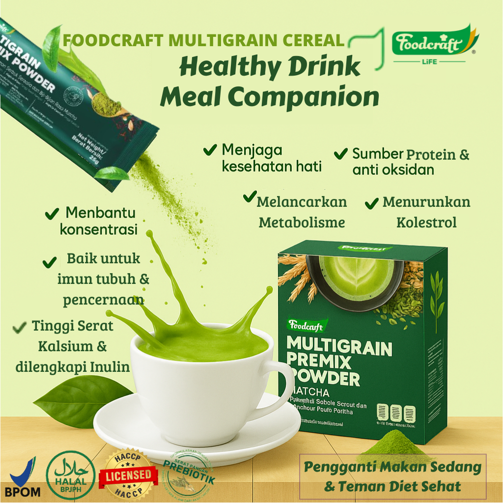 

【EXCLUSIVE】Foodcraft Multigrain Matcha Cereal Premix Powder Healthy Drink Meal Nutrition Minuman Sereal Sehat Biji-Bijian Pengganti Makan Sedang & Diet Sehat 14 Sachet