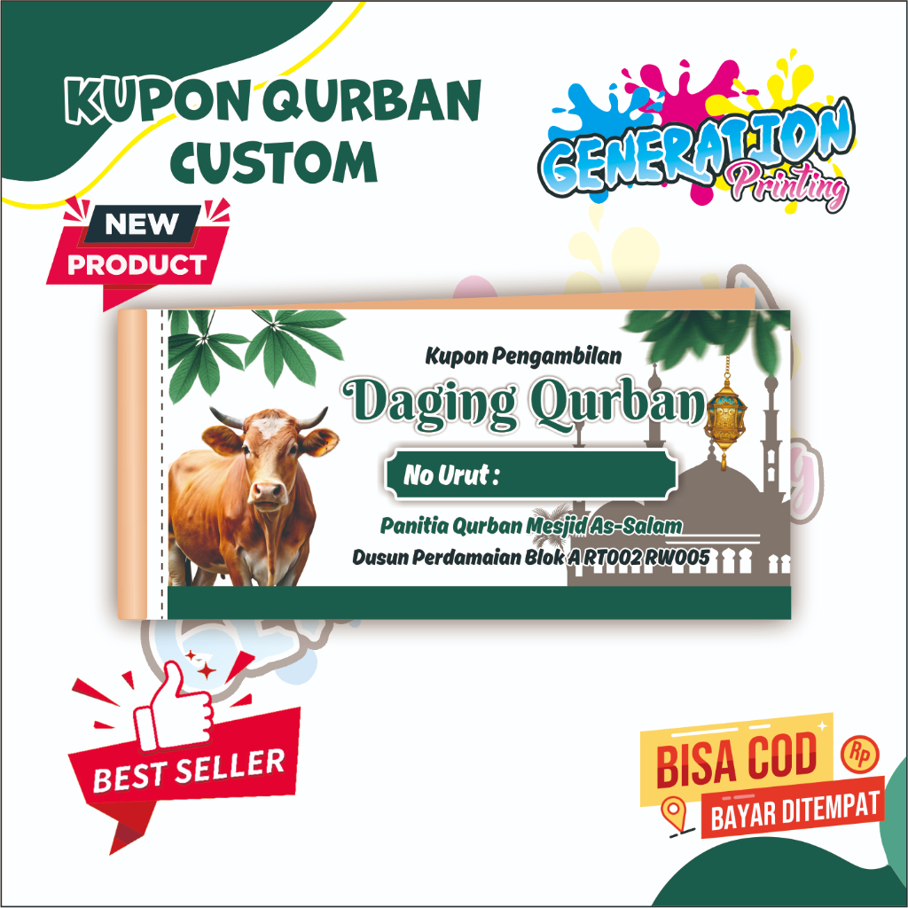 

KUPON PENGAMBILAN DAGING QURBAN BISA CUSTOM TULISAN SENDIRI 100 LEMBAR GENERATION PRINTING