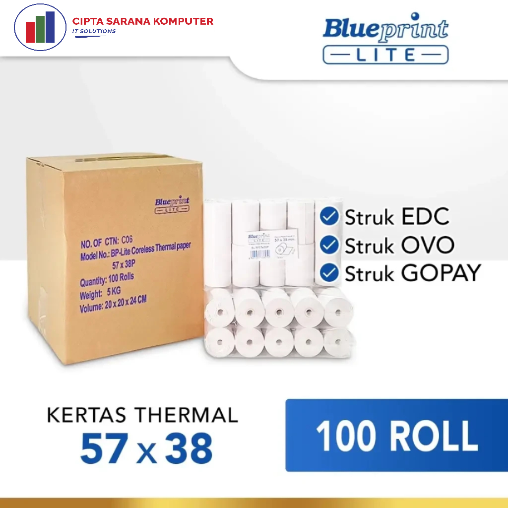 

Kertas Thermal Kasir Struk EDC 57x38 Blueprint Lite 57 x 38 - 1 Dus