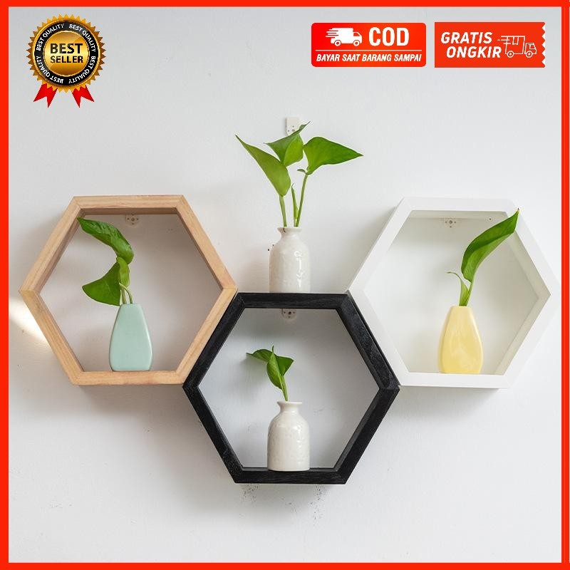 Rak dinding Hexagonal segi enam kayu tempel dinding minimalist Natural