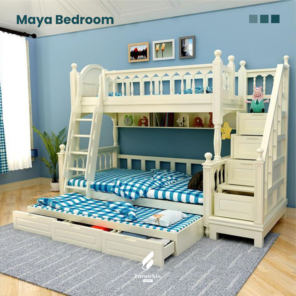 Ranjang anak tingkat 3 dan laci, Ranjang susun 3 bed, Tempat tidur anak tingkat 3 bed, Kasur tingkat
