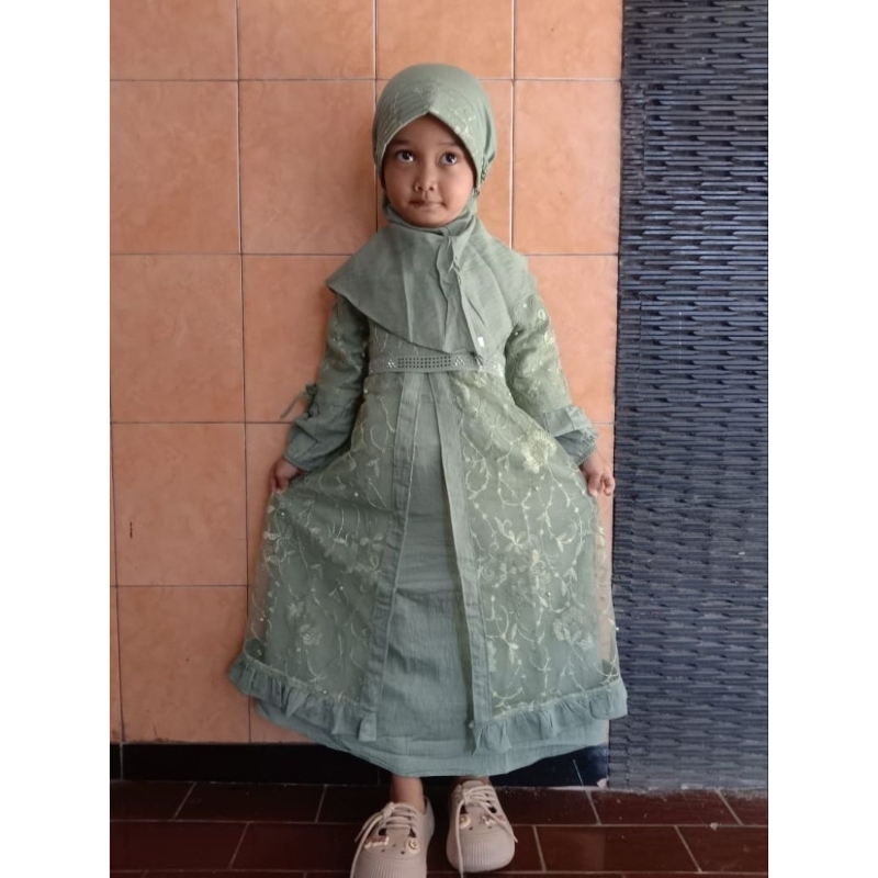 Baju Pesta Anak Perempuan Dress Broklat Tille  Usia 5 - 6 tahun Gamis Set hijab Gaun pesta Tille