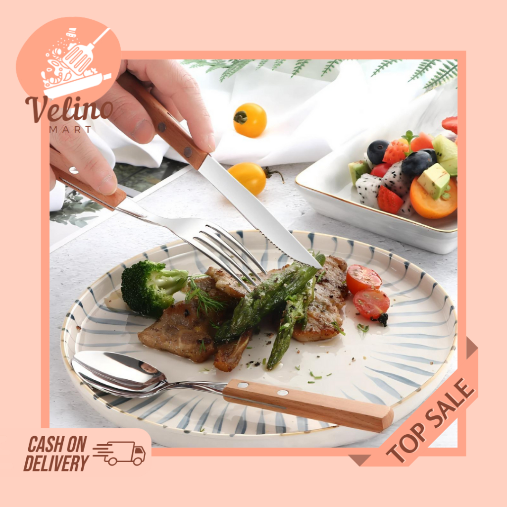 Set Sendok Pisau Garpu Steak Sendok Pisau Garpu Gagang Kayu Set Alat Makan