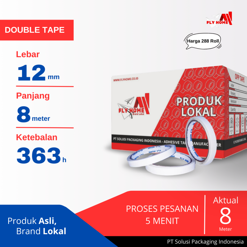 

FLYHOME Double tape 1 dus 12mm x 8meter 288 roll Hotmel ukuran Full Cargo