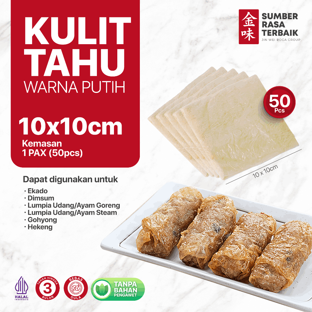 

[SRT] KULIT TAHU TAWAR 10X10 | HALAL | 50PCS | LENTUR COCOK UNTUK LUMPIA AYAM,EKADO,HEKENG