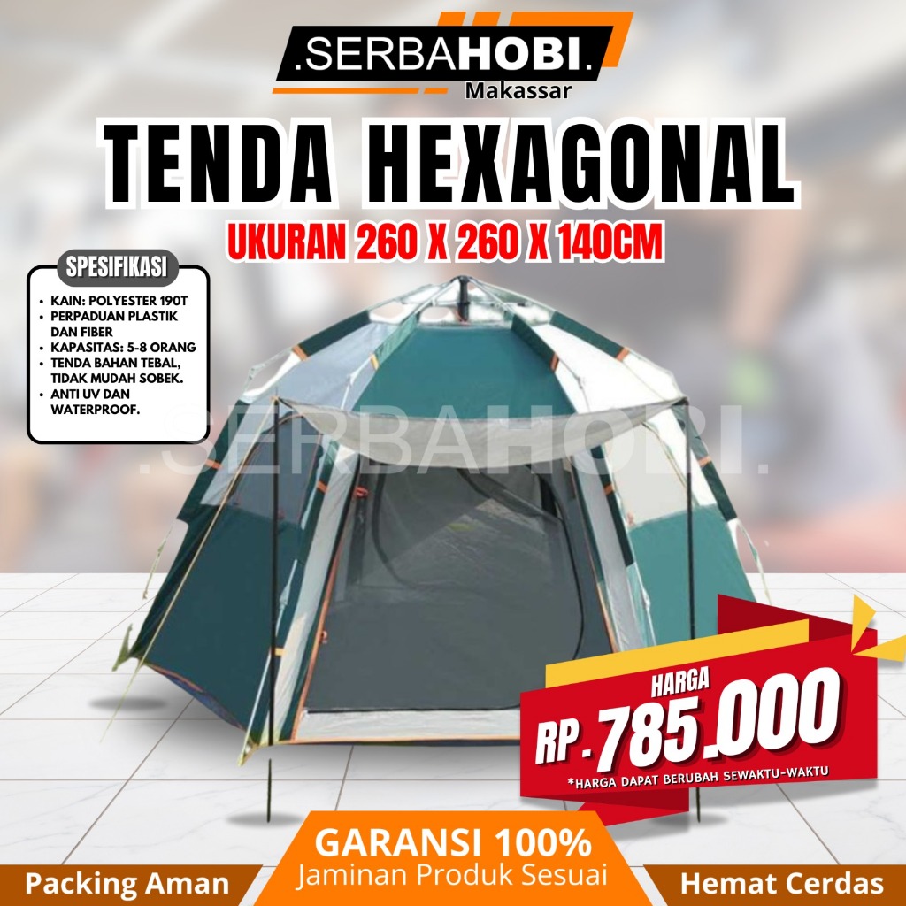 Tenda Camping Hexagonal Windproof Outdoor 5-8 Orang / Tenda Camping besar hexagonal