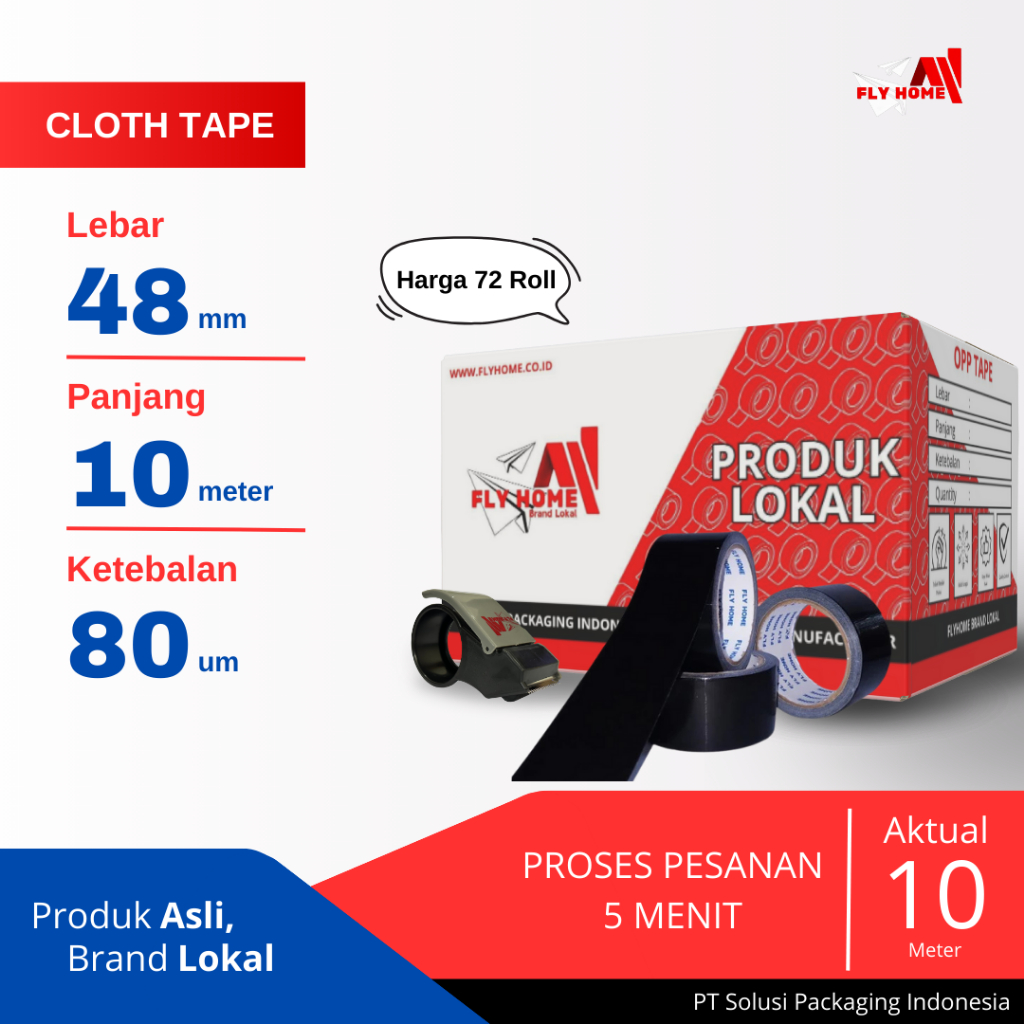 

FLYHOME LAKBAN JILID/KAIN HITAM 10METER 1 DUS 48MM X 10M CLOTH TAPE 72 ROLL UKURAN FULL CARGO