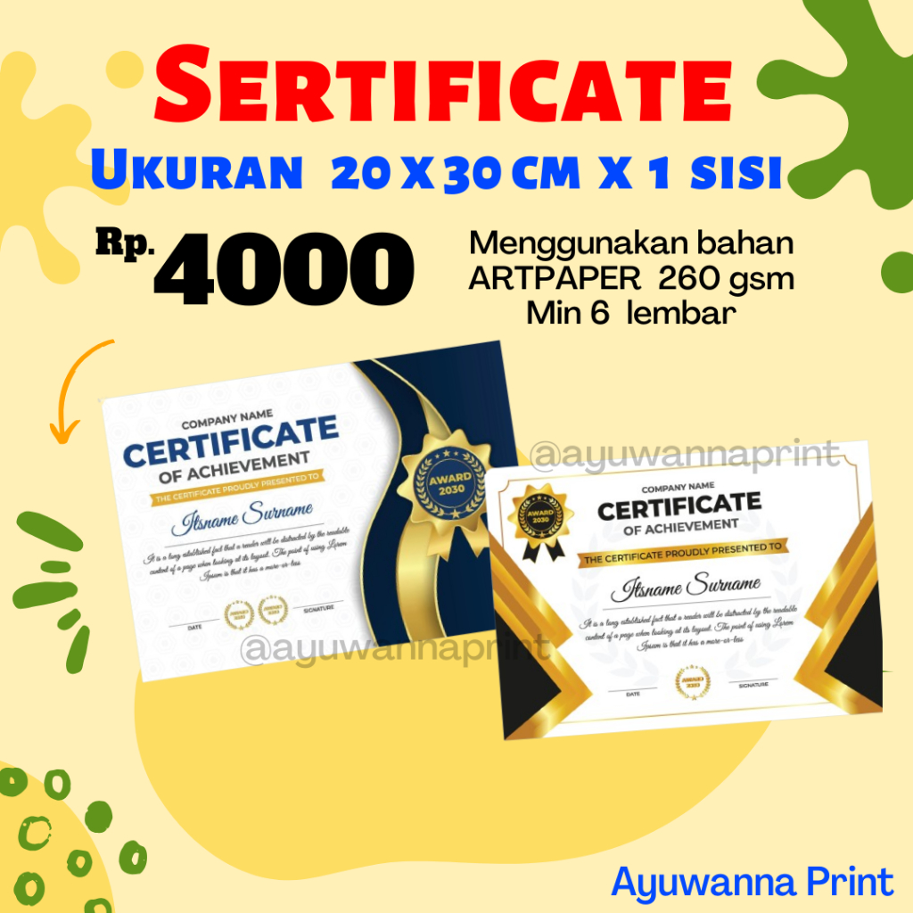 

Cetak Sertifikat A4, Sertifikat , Artpaper 260, Digital Printing, Piagam