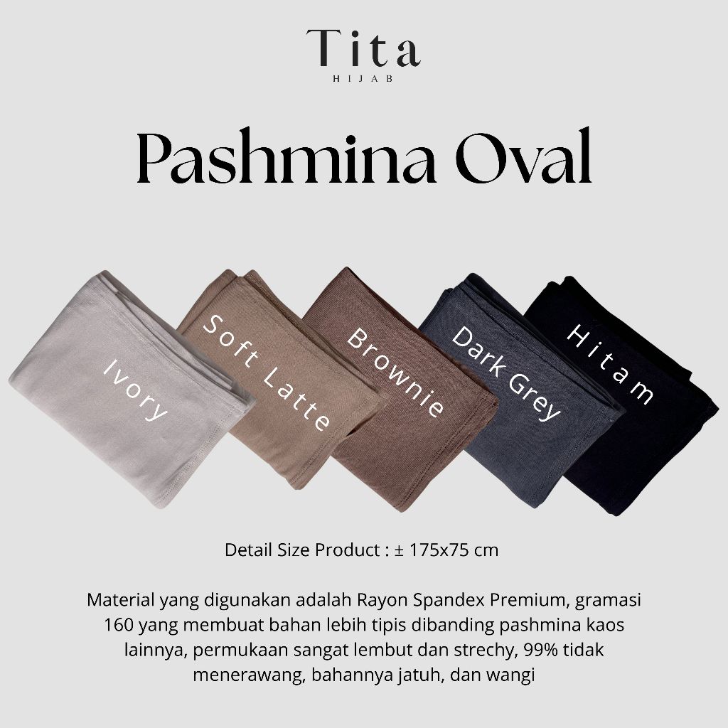Tita Hijab Pashmina Oval Soft Latte Ivory Hitam Ivory Brownie Dark Grey | Hijab Premium