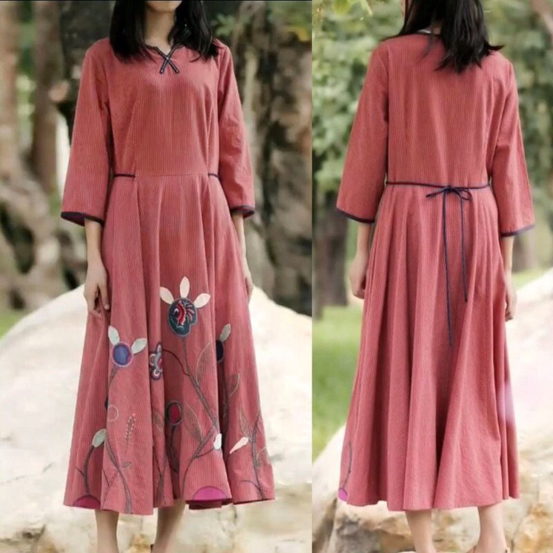 DRESS KATUN PREMIUM GARIS SALUR MERAH PUTIH BORDIR BUNGA PATCHWORK KOREA IMPORT