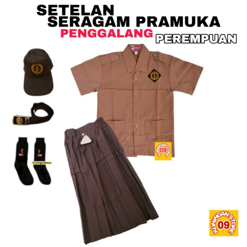 Setelan Seragam Pramuka SD Perempuan Baju Pendek Kantong Bawah Rok Panjang Lengkap