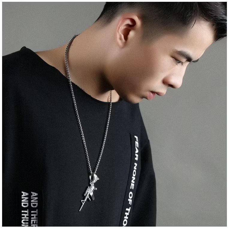 Kalung Liontin AK47 / Kalung Rantai Pria Motif Mainan Senjata Silver Unik