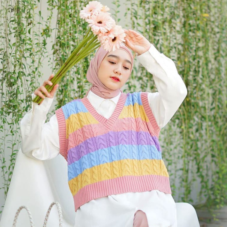 COD Candy Cable Vest Rompi Rajut Wanita  Vest Cable Rainbow  Rompi Rajut Wanita Warna Pelangi  Rompi