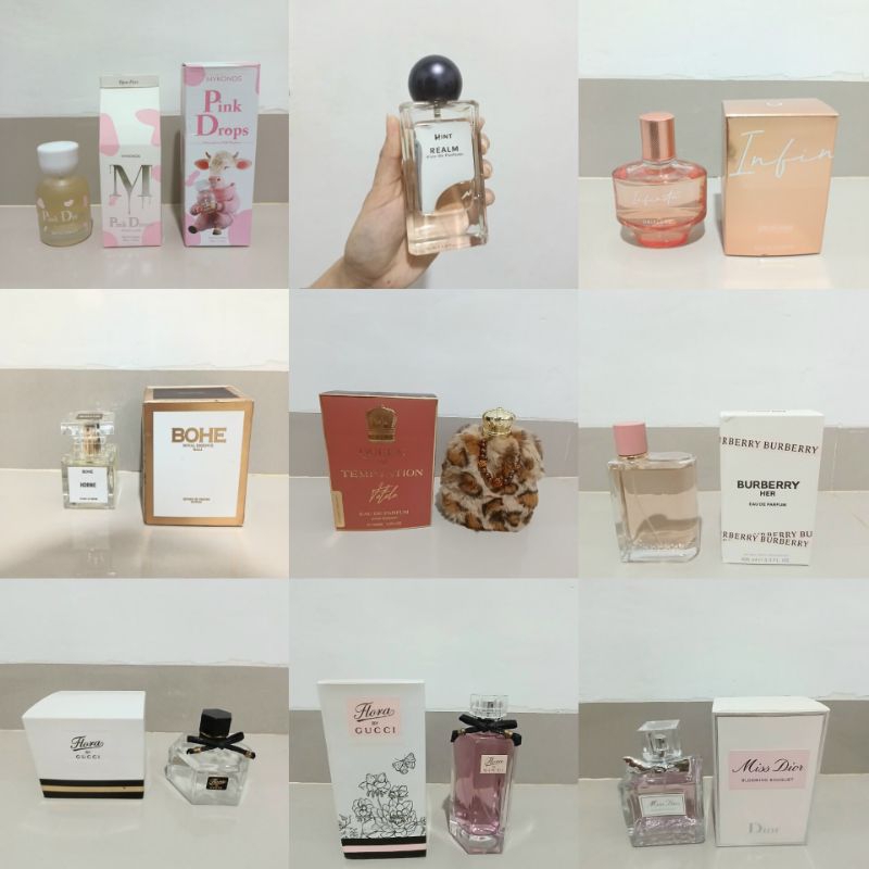 Preloved parfume Mykonos pink drops, hint realm, oriflame infinita, bohe horne, queen of tempation G