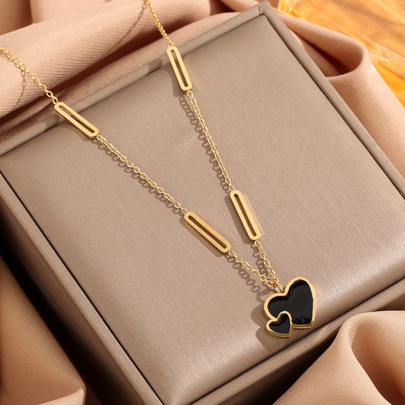 Kalung Wanita Titanium Rantai Strip LOVE DOUBLE Hitam Gold / Kalung Perempuan Double Titanium