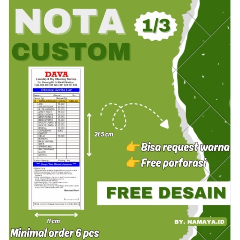

NOTA CUSTOM satuan 1/3 folio - FREE DESAIN-Nota warna