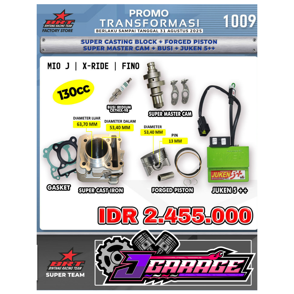 PAKET BORE UP 130CC BRT – MIO J / FINO / XRIDE / JUPITER Z1 – PISTON 53.40MM – CAST IRON & FORGED PI