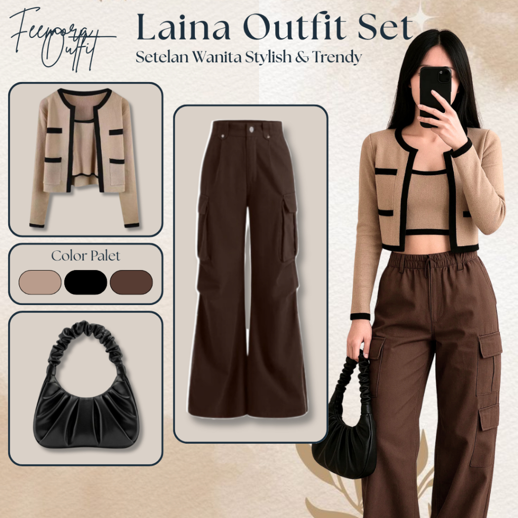 Set 3in1 Cardigan Celana Cargo Tas Kerut Outfit Korean Style Wanita Hangout FE18