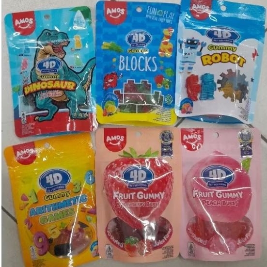 

Amos 4D gummy permen FRUITS STRAWBERRY / PEACH / BLOCKS / ROBOT / ARITHMATIC/ DINOSAUR per varian IMPORT 72gr