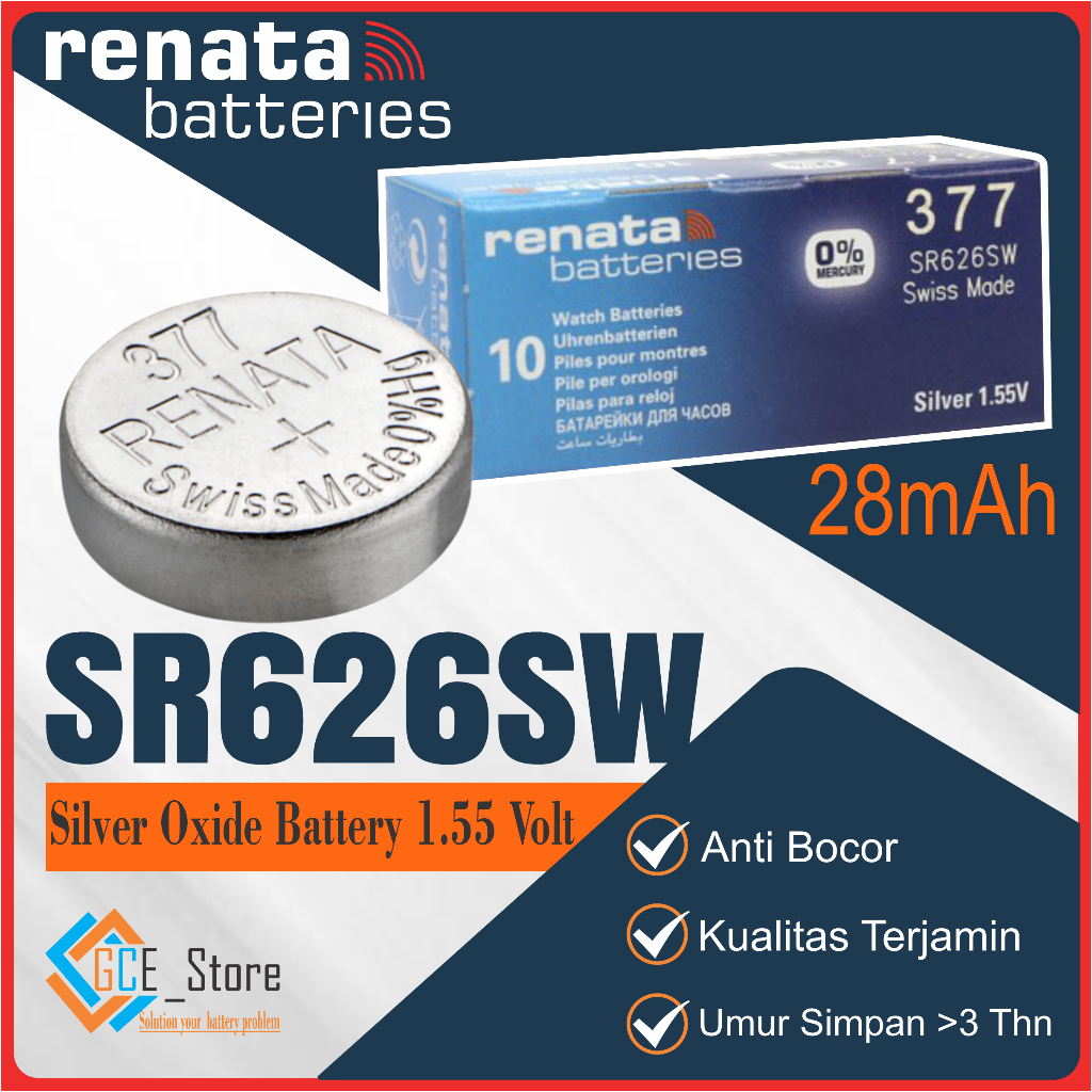Baterai 377 RENATA Original 1.55 Volt 28 mAh Baterai SR626SW Ori Made in Swiss Swatch Group Satuan