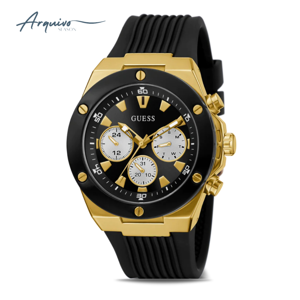 Jam Tangan Guess Pria Poseidon Chronograph Black Rubber Casual Sporty Original GW0057G1