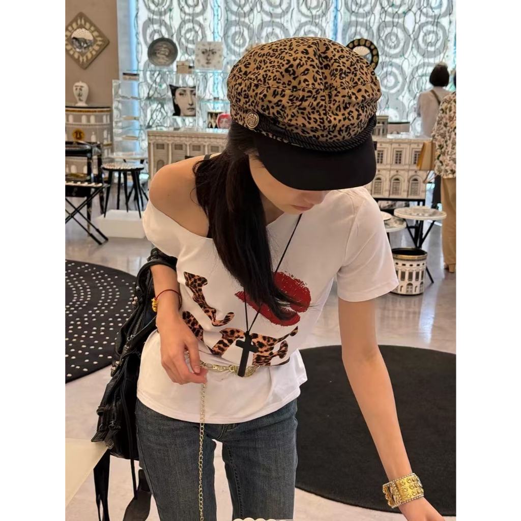 Richragonn love leopard crop top y2k baby tee retro streer vintage ahs style stockholm