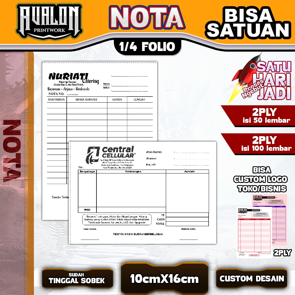 

Nota Custom Bisa Satuan - 1/4 folio - 2PLY - 50/100 lembar