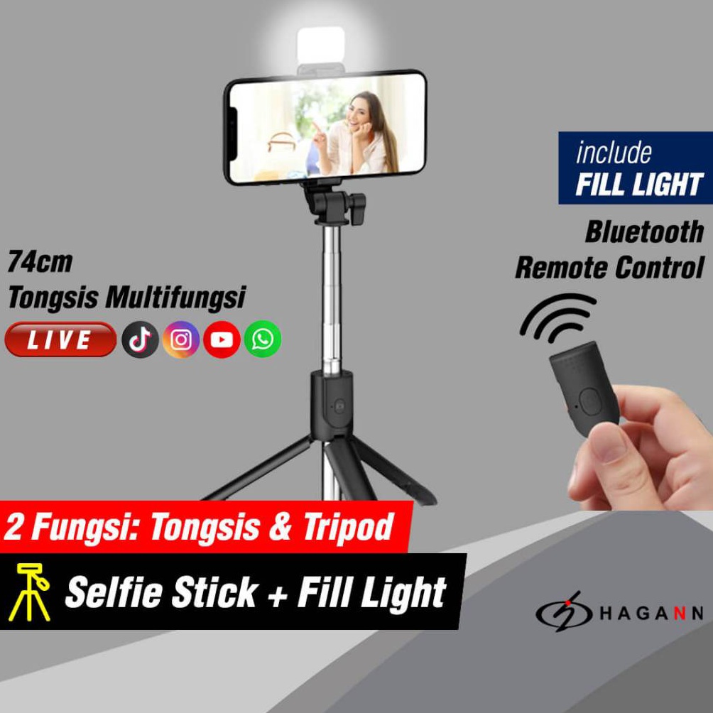 KODE Y63D Selfie Stick Tongsis Bluetooth untuk HP Wireless Tripod LED Fill Light Mini Portable Flexi
