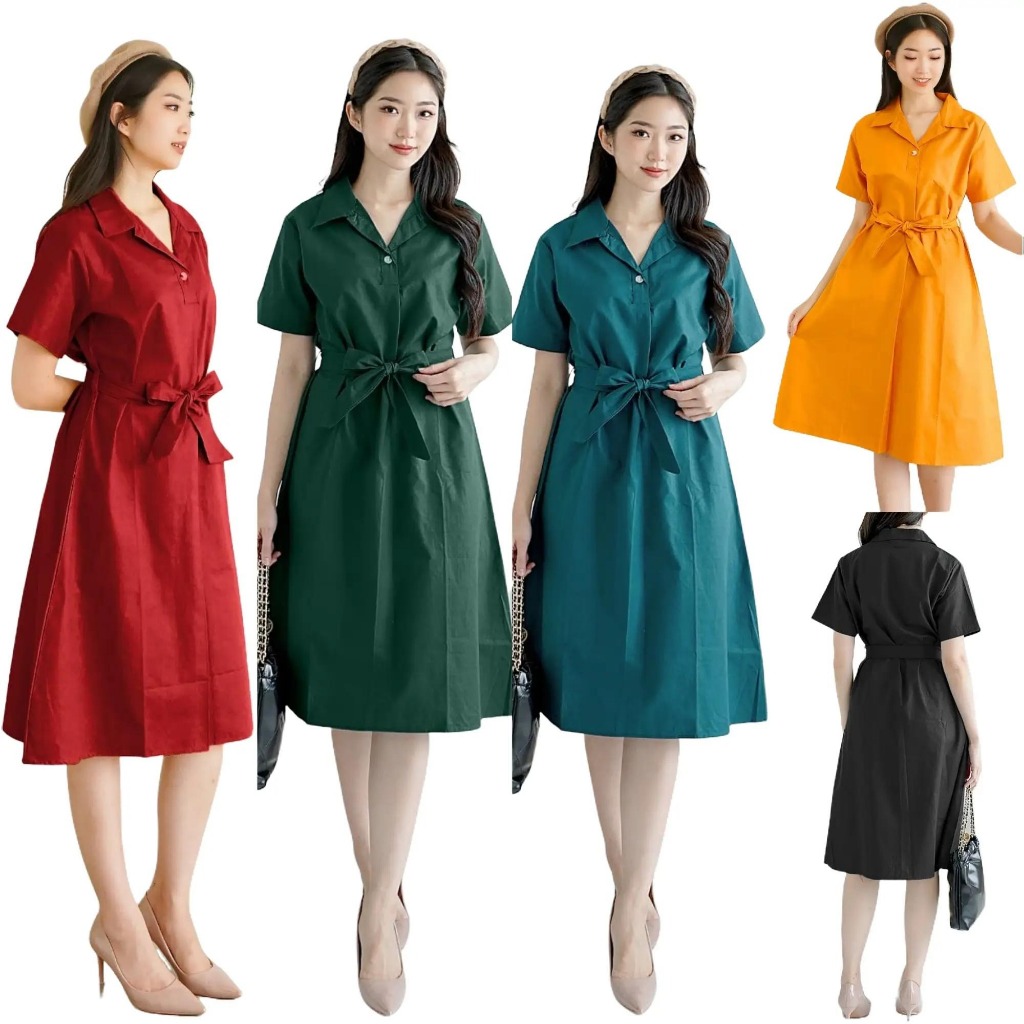 Midi Dress Wanita Modern Korean Style Fit dan Flare Gaun Cewek Remaja Kerah Collar Katun Kekinian