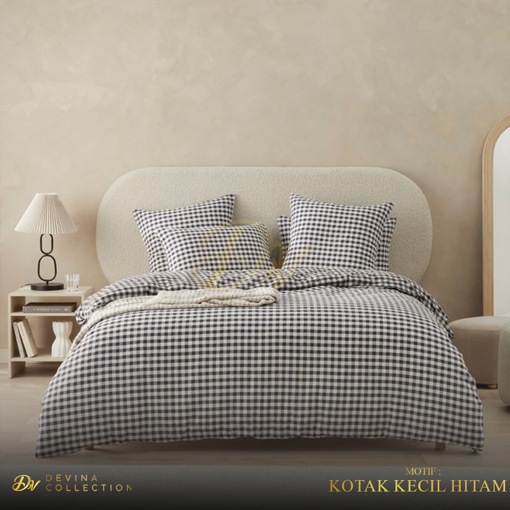 Devina Collection Bedcover Sprei Set Aesthetic Korea Karet Anti Geser Kotak Hitam Kecil King 180x200